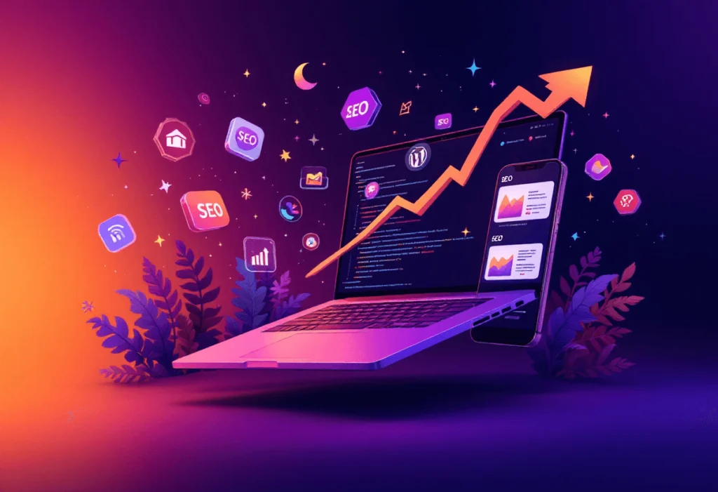 Grafica creciente saliendo de computadora co iconos digitales flotando alrededor