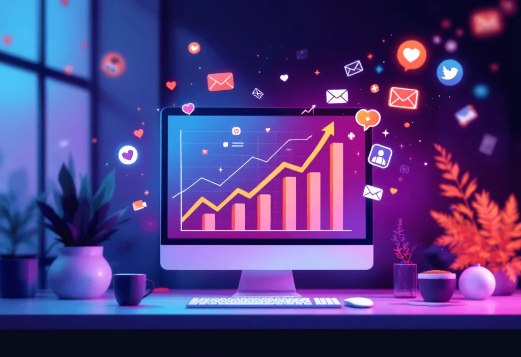 grafica creciente en la pantalla de una computadora de escritorio con iconos de redes sociales flotando alrededor